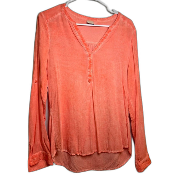 ecru Tops - Ecru Button Front V-Neck Blouse Long Sleeve Orange Silky